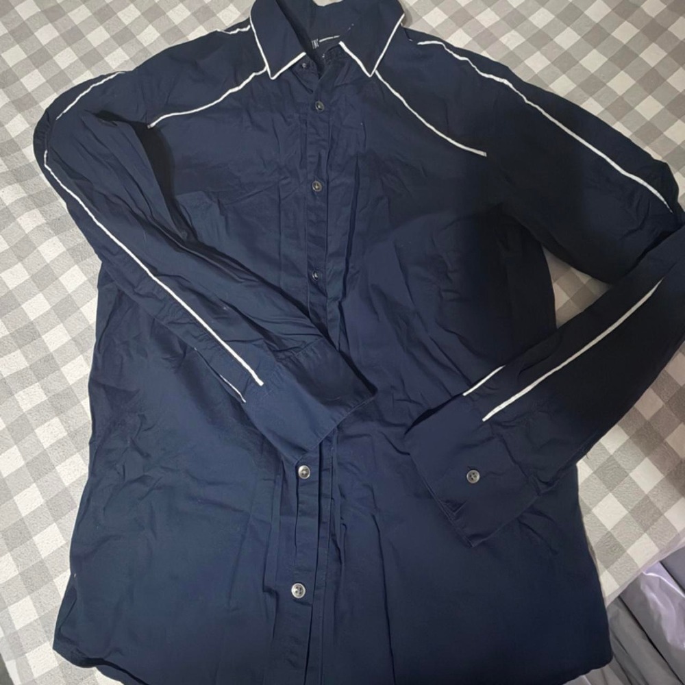 INC International Concepts Navy White Piping Button-Up Shirt Medium Y2K Retro